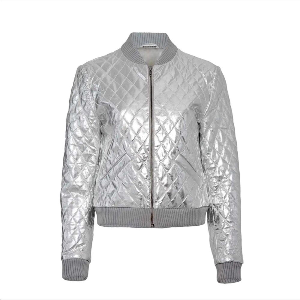 Nicole Miller Artelier Silver Quilted Lamb Leather Bomber Jacket Small